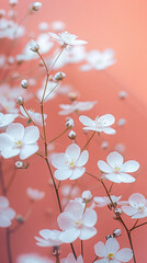 salmon colored background with white blossoms in the front
