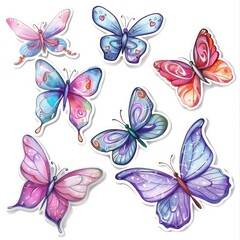Watercolor stickers set featuring colorful cartoon drawings of butterflies in various sizes. - obrazy, fototapety, plakaty