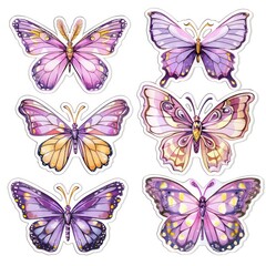 Set of watercolor stickers depicting bright and colorful cartoon butterflies on a white background. - obrazy, fototapety, plakaty