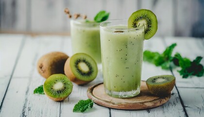 kiwi yogurt fruit juice smoothie and green kiwi juice drink healthy delicious taste in a glass for...