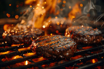 Flame-grilled burgers and steak on a BBQ grill. Perfect for summer cookouts and outdoor dining.