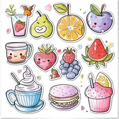 A sticker sheet featuring cute drawings of fruit, pastries, and drinks. - obrazy, fototapety, plakaty