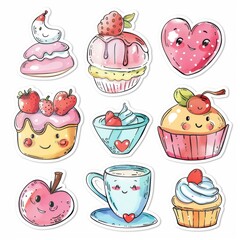 A sticker sheet featuring nine kawaii food stickers including donuts, cupcakes, and apple slices. - obrazy, fototapety, plakaty
