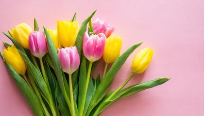 little girl holding a bouquet of tulips in front of a pink background