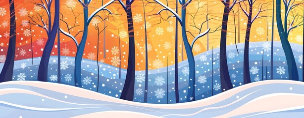 winter wonderland snow-covered trees forest sunset - obrazy, fototapety, plakaty