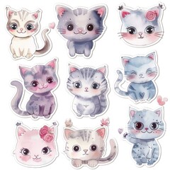 A collection of watercolor stickers with kittens for the design of children's posters and cards. - obrazy, fototapety, plakaty