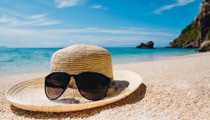 straw hat and sunglasses on beach