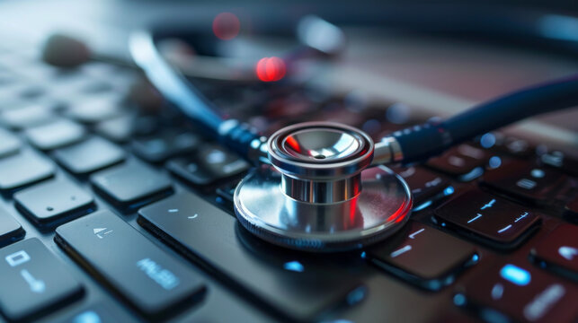 A close-up of a stethoscope lying on a computer keyboard, symbolizing healthcare and technology.