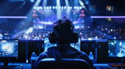 A gamer playing video games on a computer in a large arena