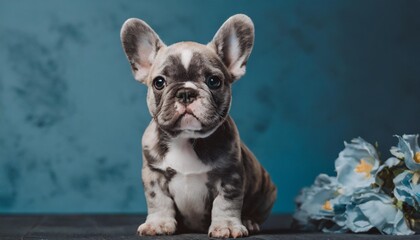 merle french bulldog dog puppy sitting in front of blue background