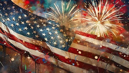 abstract artistic depiction of american flag with splatter paint and fireworks