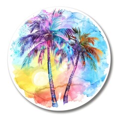 A round sticker with a watercolor painting of three palm trees on a beach. The sky is a gradient of blue, purple, and orange, and the sun is in the background. - obrazy, fototapety, plakaty