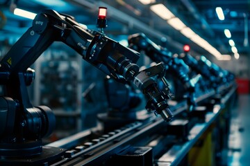 Robotic arms in factory line for AI-driven industrial automation manufacturing process. Concept Robotic Automation, Factory Technology, Industrial Robotics, AI-driven Manufacturing