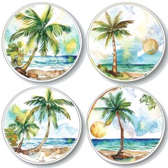 A set of four stickers with drawings of palm trees on the beach. - obrazy, fototapety, plakaty
