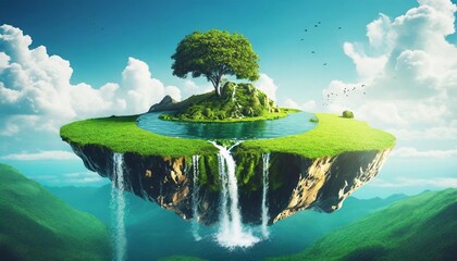 surreal float landscape with waterfall paradise idea on blue sky cloud floating island with river stream on green grass with tree generative ai