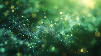 background with network of green lights and lines for technical connection or decoration, christmas background or st paricks day
