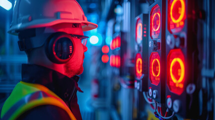 A focused engineer wearing a hard hat inspects an illuminated control panel in an industrial setting, signifying technical expertise.