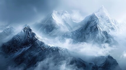 Fototapeta na wymiar Ethereal mist swirling around mountain peaks
