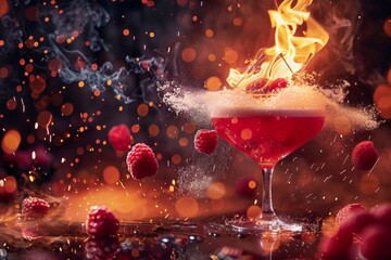 a close up of a flaming cocktail with raspberries and smoke coming out of it
