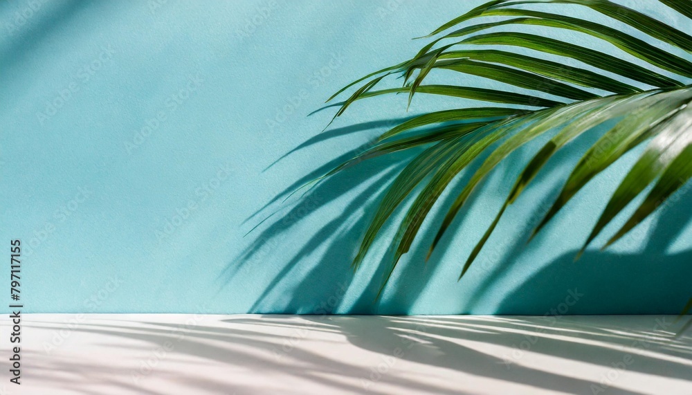 Wall mural blurred shadow from palm leaves on the light blue wall minimal abstract background for product prese