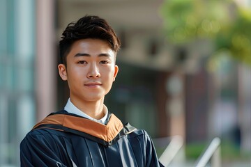 A young man in a graduation gown stands in front of a building. He is smiling and looking directly at the camera