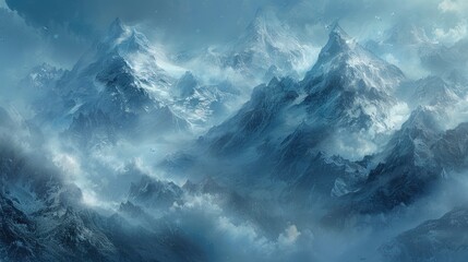 Ethereal mist swirling around mountain peaks