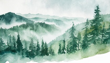 watercolor green landscape of foggy forest hill wild nature frozen misty taiga horizontal...