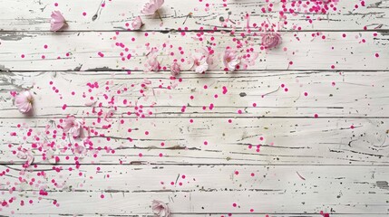 Pink flowers scattered on a wooden surface
