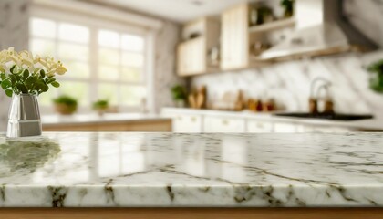 selective focus marble table top on blur white kitchen room background f