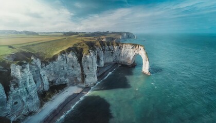 aerial view of the beautiful cliffs of etretat normandy france la manche or english channel