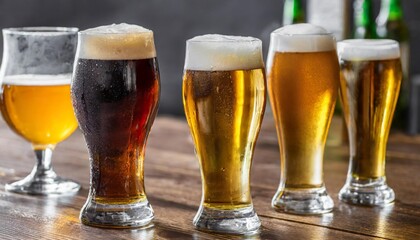 variety of beer glasses displayed in a row