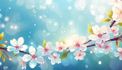 spring background nature landscape cherry flowers blossom frame border with bokeh sunlight reflection from sky blue in morning vector banner banner for easter mothers day invitation greeting card