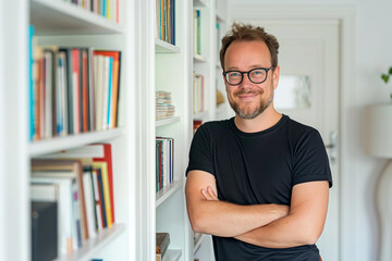 Fototapeta premium A genial man with a sincere smile stands confidently with his arms crossed against the backdrop of a bright and orderly bookshelf.