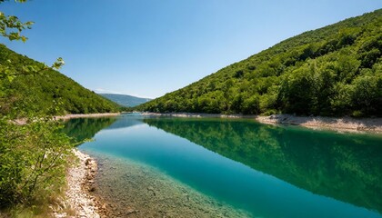 Fototapeta na wymiar greenery around calm water in small lake in croatia