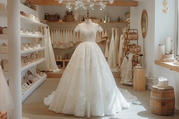 A white dress is on display in a store. The dress is long and has a lace design