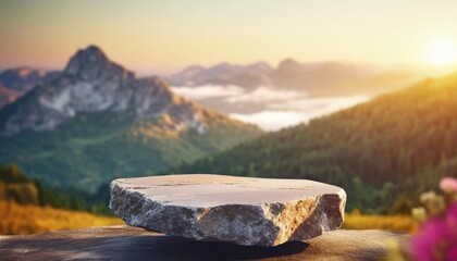 stone podium table top with outdoor mountains pastel color scene nature landscape at sunrise blur background natural beauty cosmetic or healthy product placement presentation pedestal display