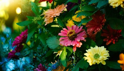 beautiful summer background with colorful bright flowers and green leaves