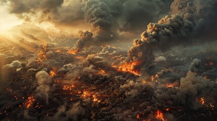 A fiery scene with smoke and fire in the sky. The sky is filled with smoke and fire, and the sun is shining through the clouds