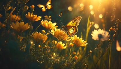a beautiful summer nature setting with golden light flowers and butterflies generative ai