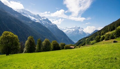 idyllic landscape in the alps tree grass and mountains switzerland