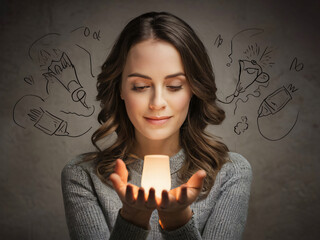 Mujer sosteniendo una lámpara, concepto de idea creativa