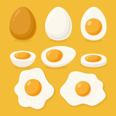 Vector Fried Egg, Sunny-Side-Up and Hard Boiled Egg Set, Closeup, Isolated. Healthy Breakfast, Protein Food Clipart. Whole and Sliced Egg Design Templates