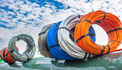 Coiled up multicolored electrical cables sitting on an insulated industrial pipe. Generative AI