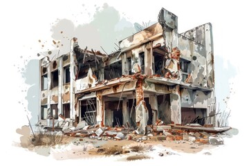 Fototapeta premium Architecture illustration destroyed building deterioration destruction demolished.