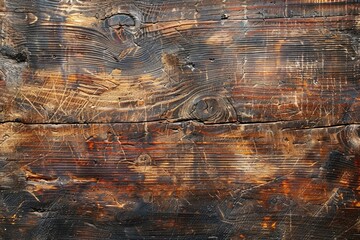 A wooden surface with a burnt look to it. The wood is old and has a lot of scratches and marks