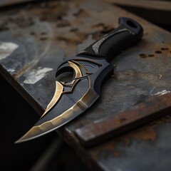 Close-up of a Tactical Knife on a Rusty Metal Surface