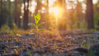 Young plant sprouting in a forest at sunrise