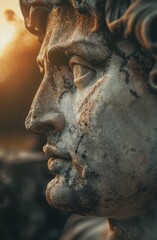 Close-up of an ancient statue at sunset