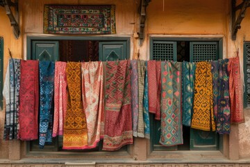 A row of colorful rugs hanging on a line outside a building. The rugs are of various colors and patterns, creating a vibrant and lively atmosphere. Concept of warmth and hospitality