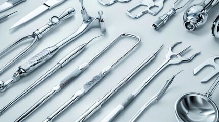 Capture a panoramic view of surgical instruments with a gleaming stainless steel finish and intricate detailing